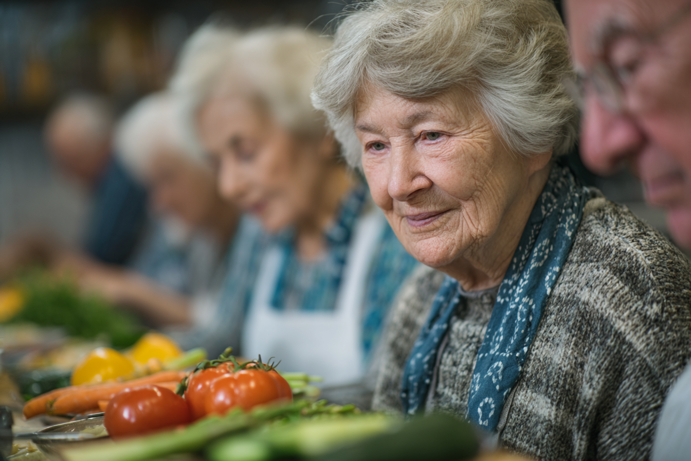 Възрастни хора се радват на здравословна храна заедно